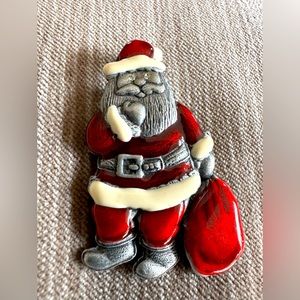 Signed AS Santa Enamel Rhinestone Eyes Silver Red Brooch Pin Holiday Christmas